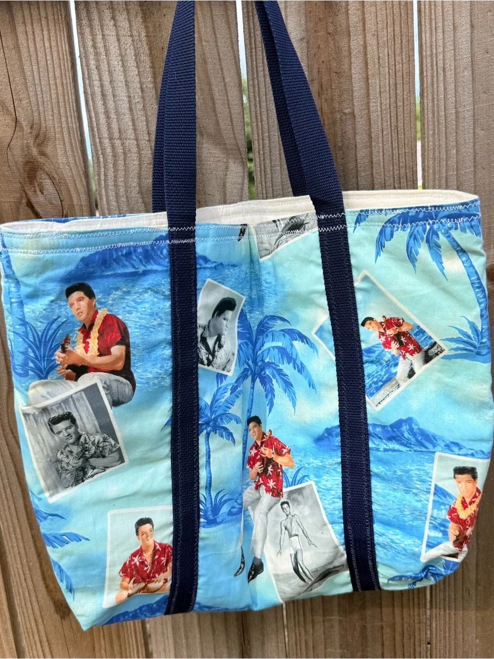 Vintage Elvis Presley Hawaiian Tote Bag Blue Tropical Beach Quilted Large